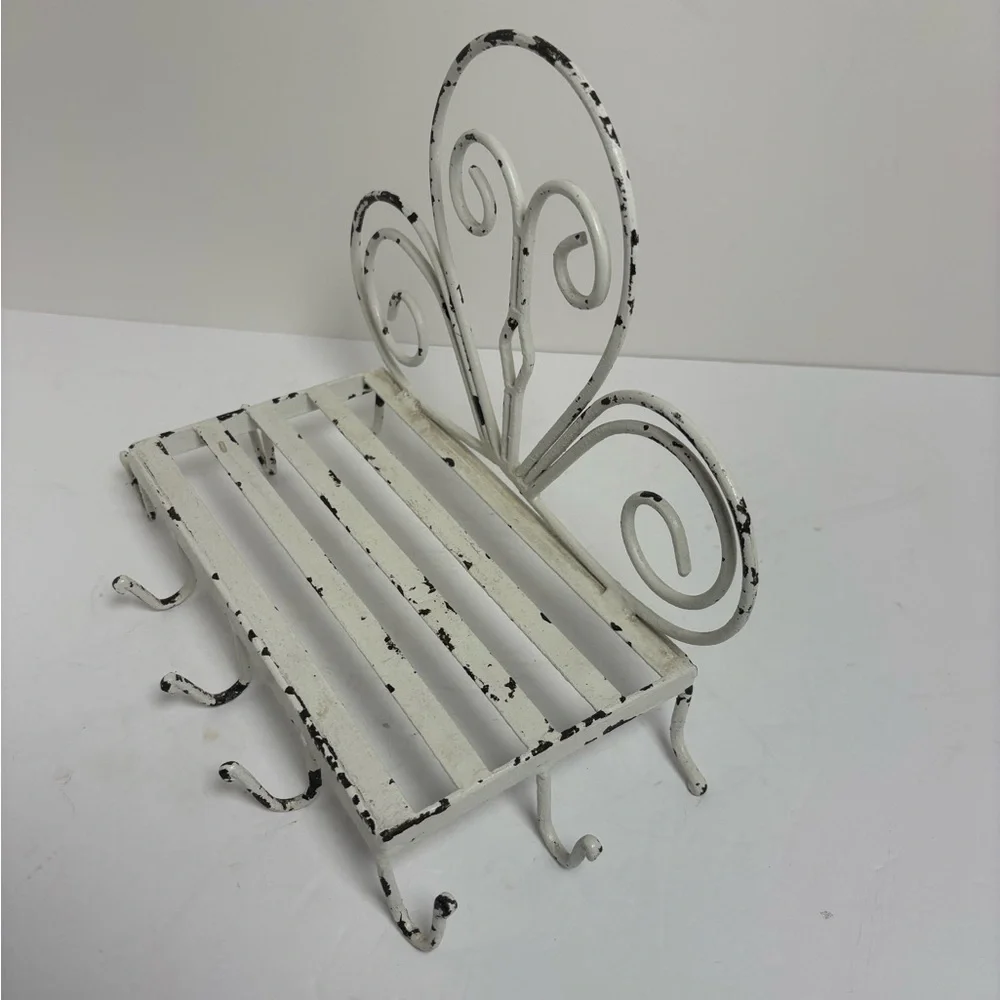 Vintage White Metal Wall Shelf With Cup Hooks